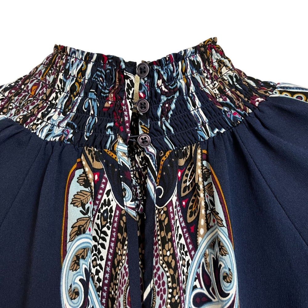 Chicos Sz 2 US L / 12 Paisley Print Smocked‎ Mock Neck Long Sleeve Blouse - Picture 7 of 9